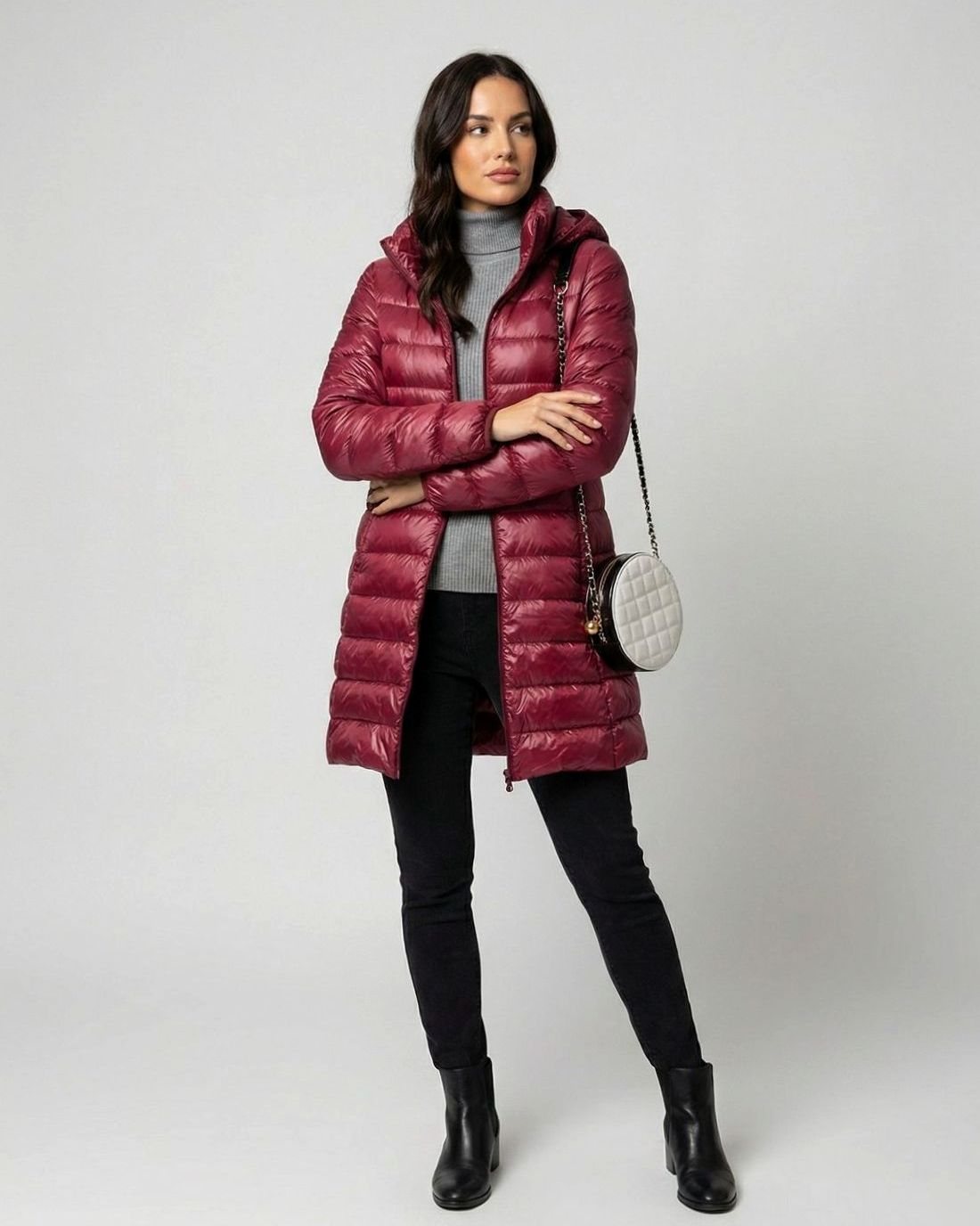 Women's Lightweight Fitted Hooded Down Jacket | Johanna in Burgundy - Juana Fashion