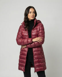 Women's Ultralight Fitted Hooded Down Jacket | Annika in Burgundy - Juana Fashion
