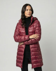 Women's Lightweight Fitted Hooded Down Jacket | Johanna in Burgundy - Juana Fashion