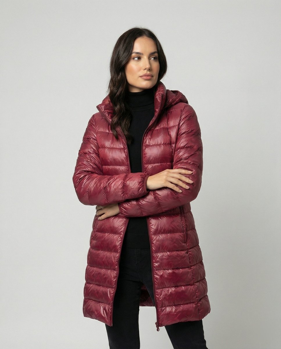 Women's Ultralight Fitted Hooded Down Jacket | Annika in Burgundy - Juana Fashion