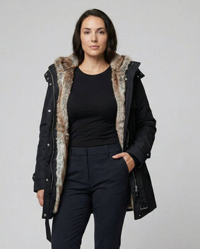 Women's Long Lined Parka with Fur-Trimmed Hood | Charlotte in Black - Juana Fashion