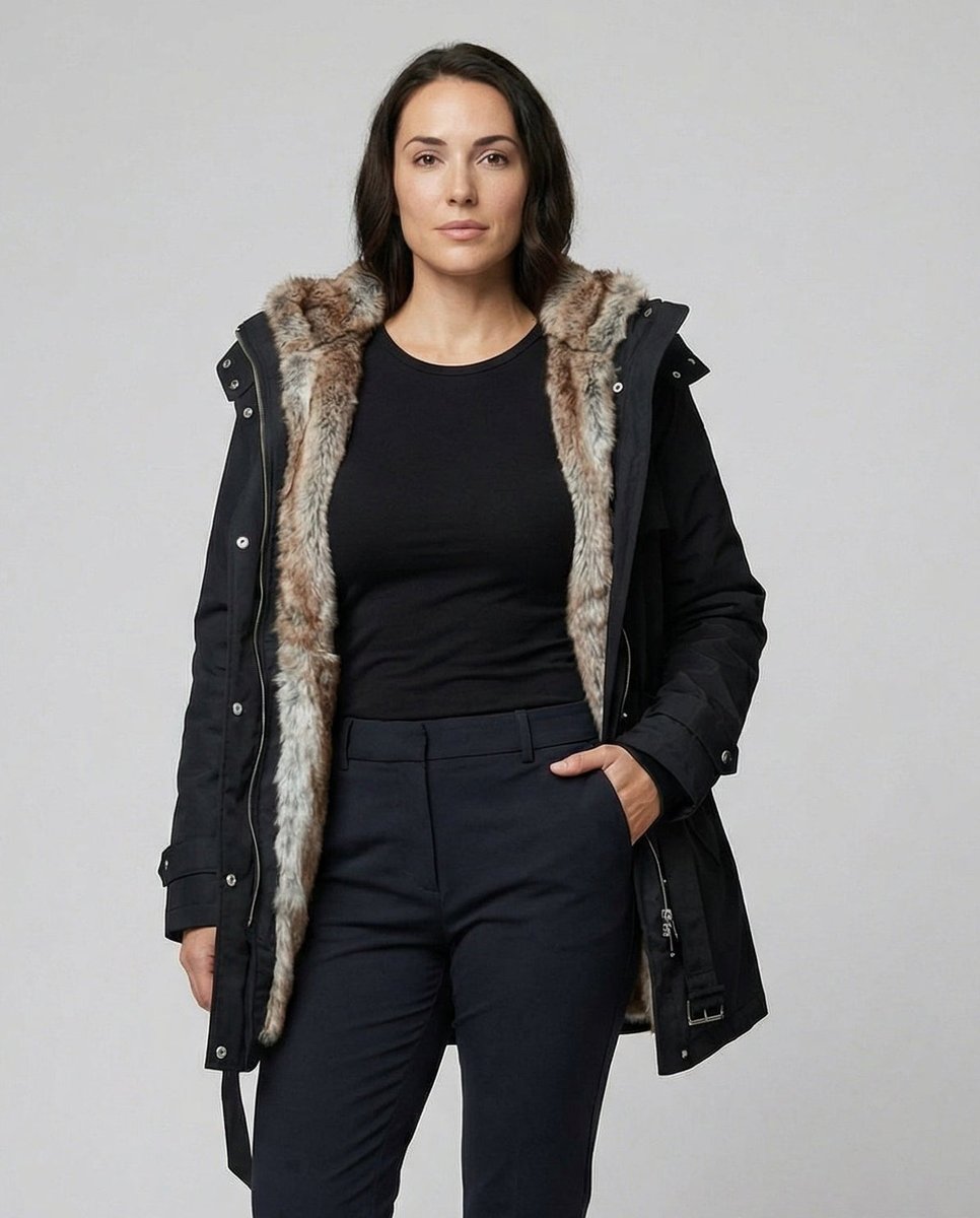 Women's Long Lined Parka with Fur-Trimmed Hood | Charlotte in Black - Juana Fashion