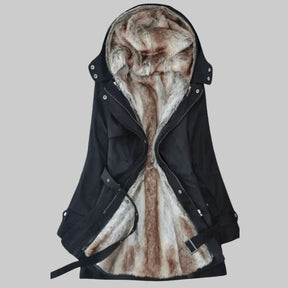 Women's Long Lined Parka with Fur-Trimmed Hood | Charlotte in Black - Juana Fashion