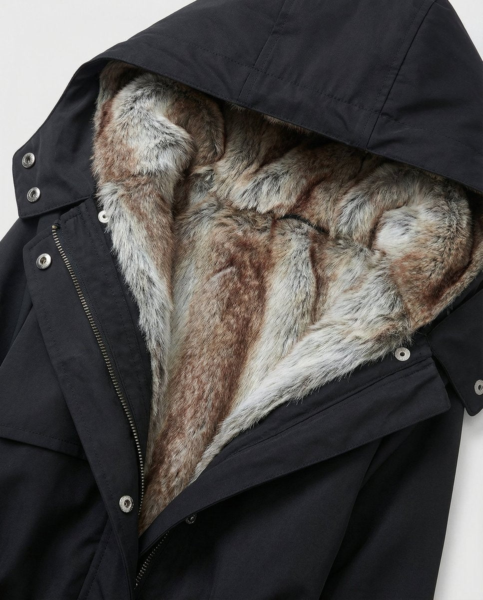 Women's Long Lined Parka with Fur-Trimmed Hood | Charlotte in Beige - Juana Fashion