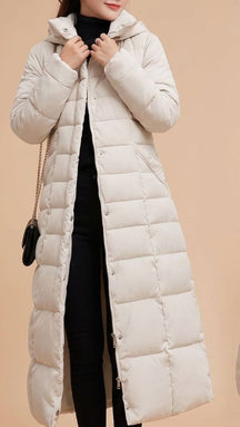 Women's Long Quilted Coat with Trimmed Hood | Emilia in Beige - Juana Fashion