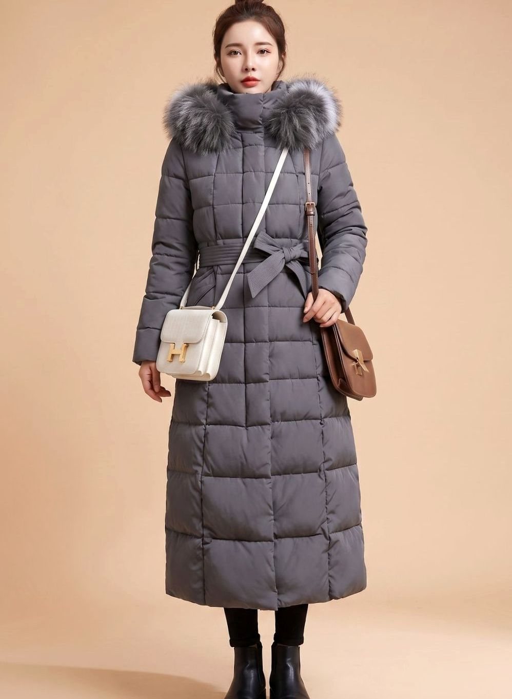 Women's Long Quilted Coat with Trimmed Hood | Emilia in Beige - Juana Fashion