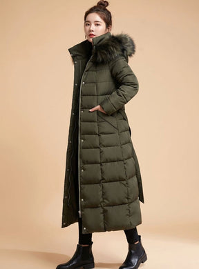 Women's Long Quilted Coat with Trimmed Hood | Emilia in Beige - Juana Fashion