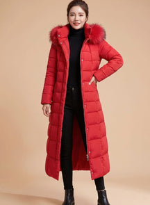 Women's Long Quilted Coat with Trimmed Hood | Emilia in Beige - Juana Fashion