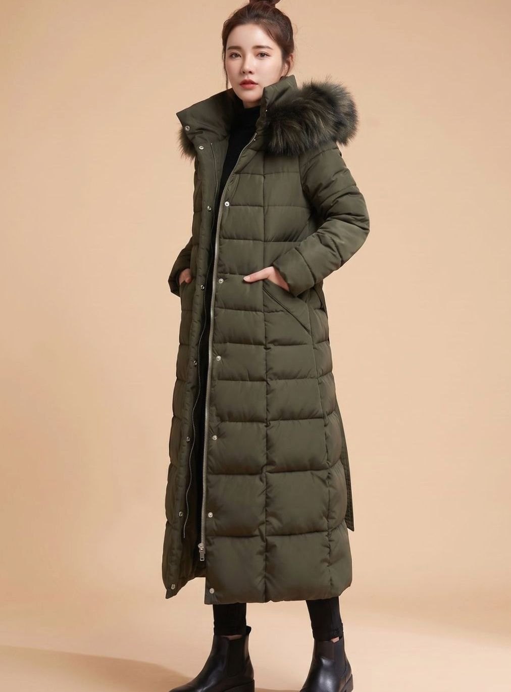 Women's Long Quilted Coat with Trimmed Hood | Emilia in Black - Juana Fashion