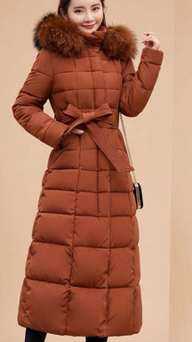Women's Long Quilted Coat with Trimmed Hood | Emilia in Black - Juana Fashion