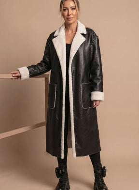 Women's Long Faux Leather Coat with Fleece | Clara in Black - Juana Fashion