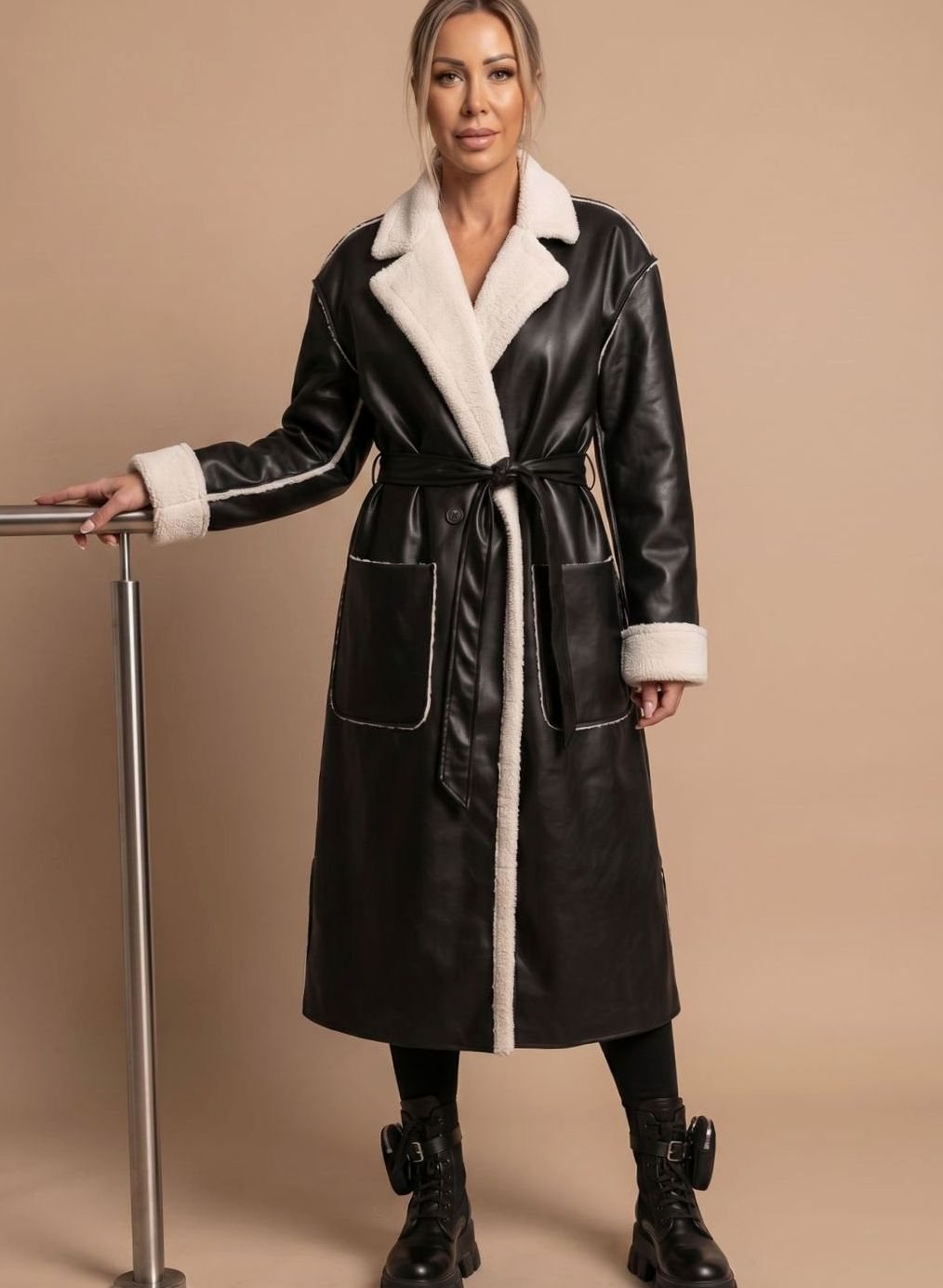 Women's Long Faux Leather Coat with Fleece | Clara in Black - Juana Fashion