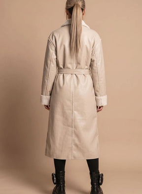 Women's Long Faux Leather Coat with Fleece | Clara in White - Juana Fashion