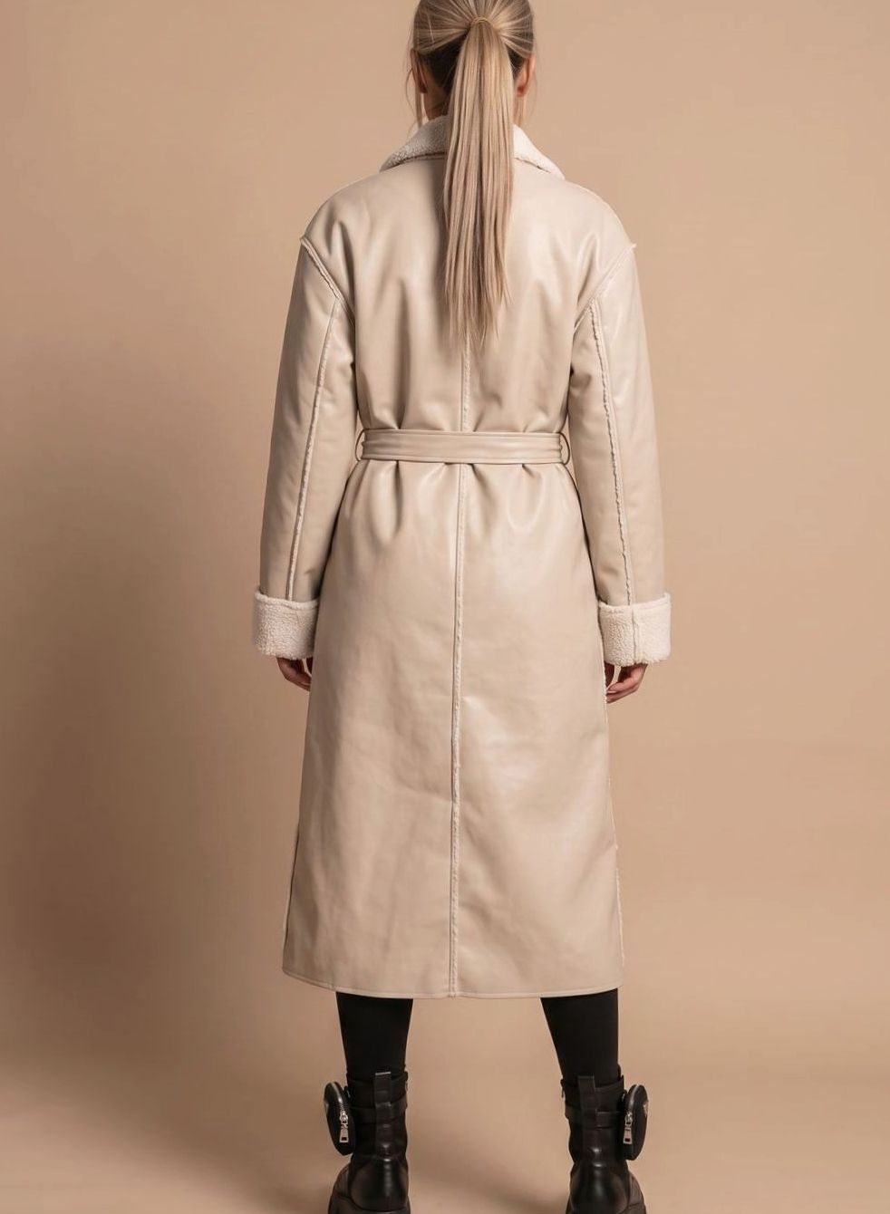 Women's Long Faux Leather Coat with Fleece | Clara in White - Juana Fashion