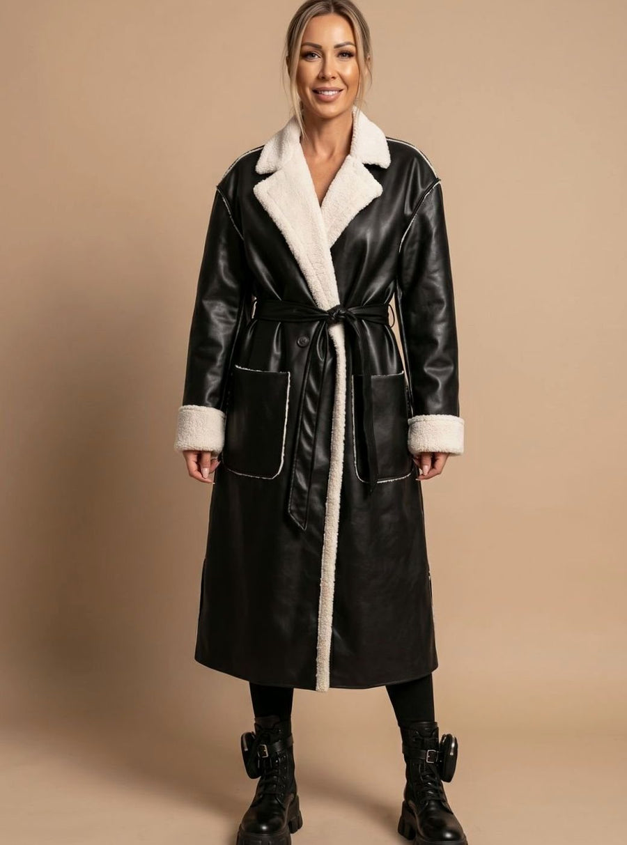 Women's Long Faux Leather Coat with Fleece | Clara in Black - Juana Fashion