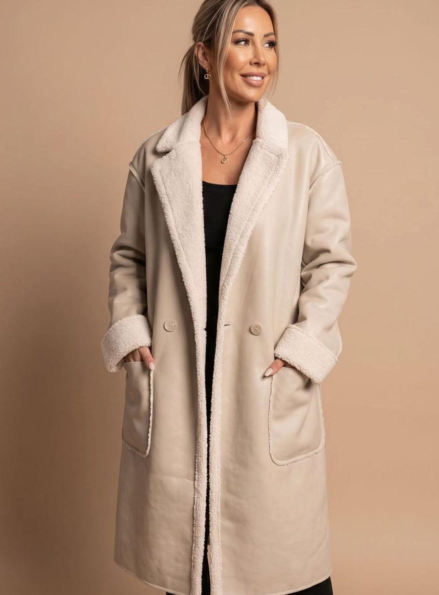Women's Long Faux Leather Coat with Fleece | Clara in Black - Juana Fashion
