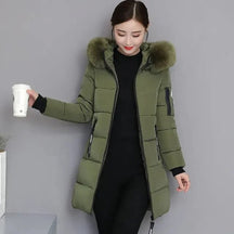 Women's Long Parka with Faux Fur Trim | Clara in White - Juana Fashion