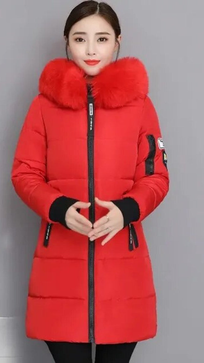 Women's Long Parka with Faux Fur Trim | Clara in Red - Juana Fashion