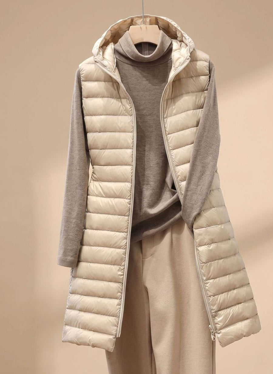 Women's Long Hooded Quilted Vest | Emilia in Khaki - Juana Fashion