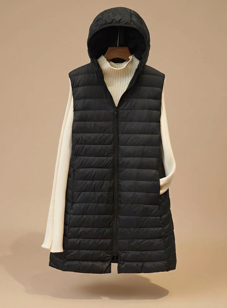 Women's Long Hooded Quilted Vest | Emilia in Khaki - Juana Fashion