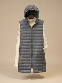 Women's Long Hooded Quilted Vest | Emilia in Khaki - Juana Fashion