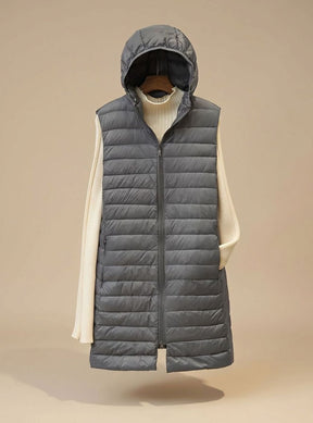 Women's Long Hooded Quilted Vest | Emilia in Khaki - Juana Fashion