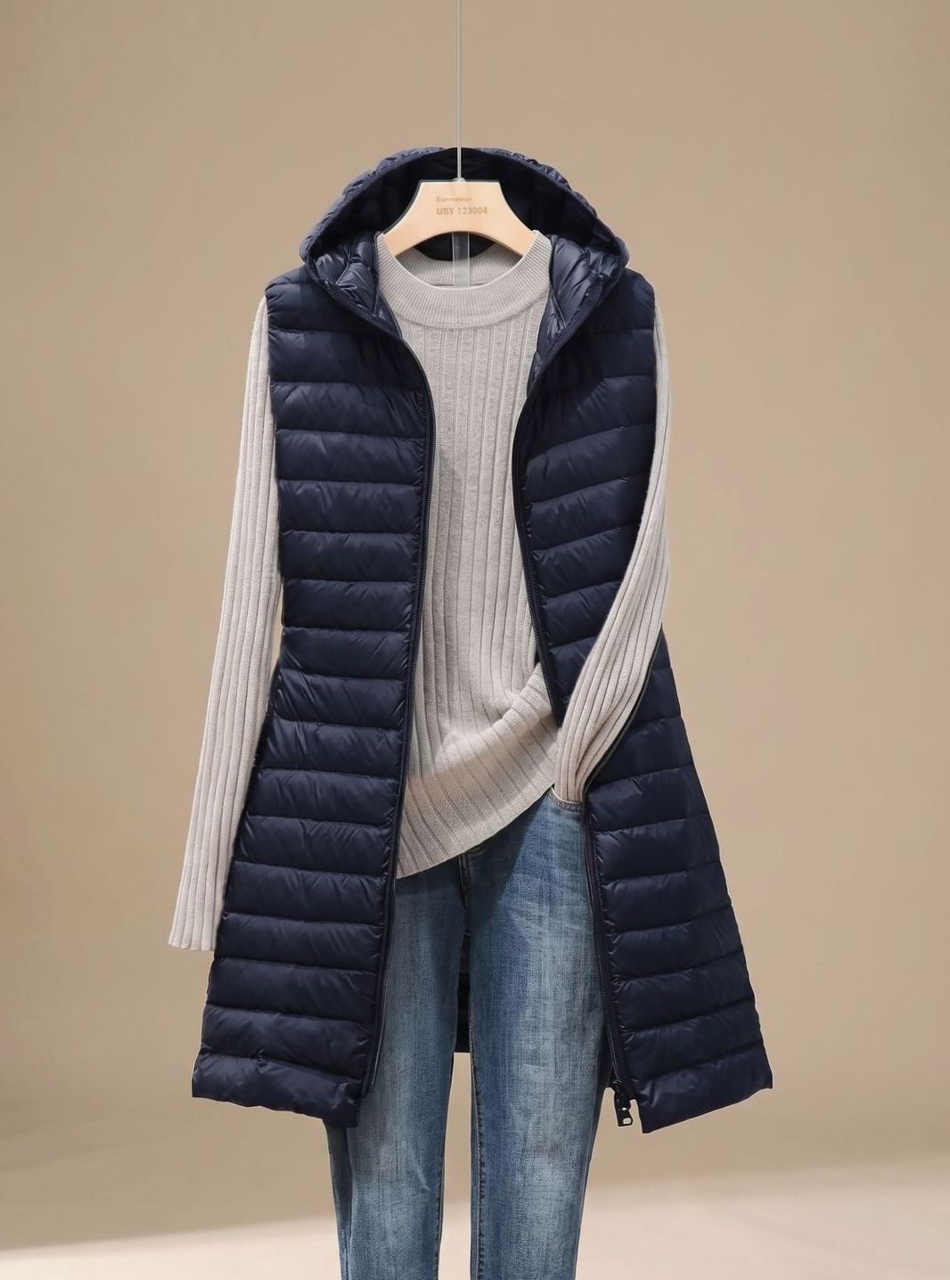 Women's Long Hooded Quilted Vest | Emilia in Khaki - Juana Fashion
