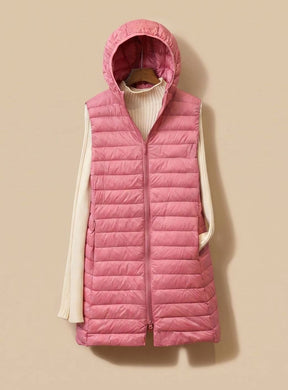 Women's Long Hooded Quilted Vest | Emilia in Khaki - Juana Fashion