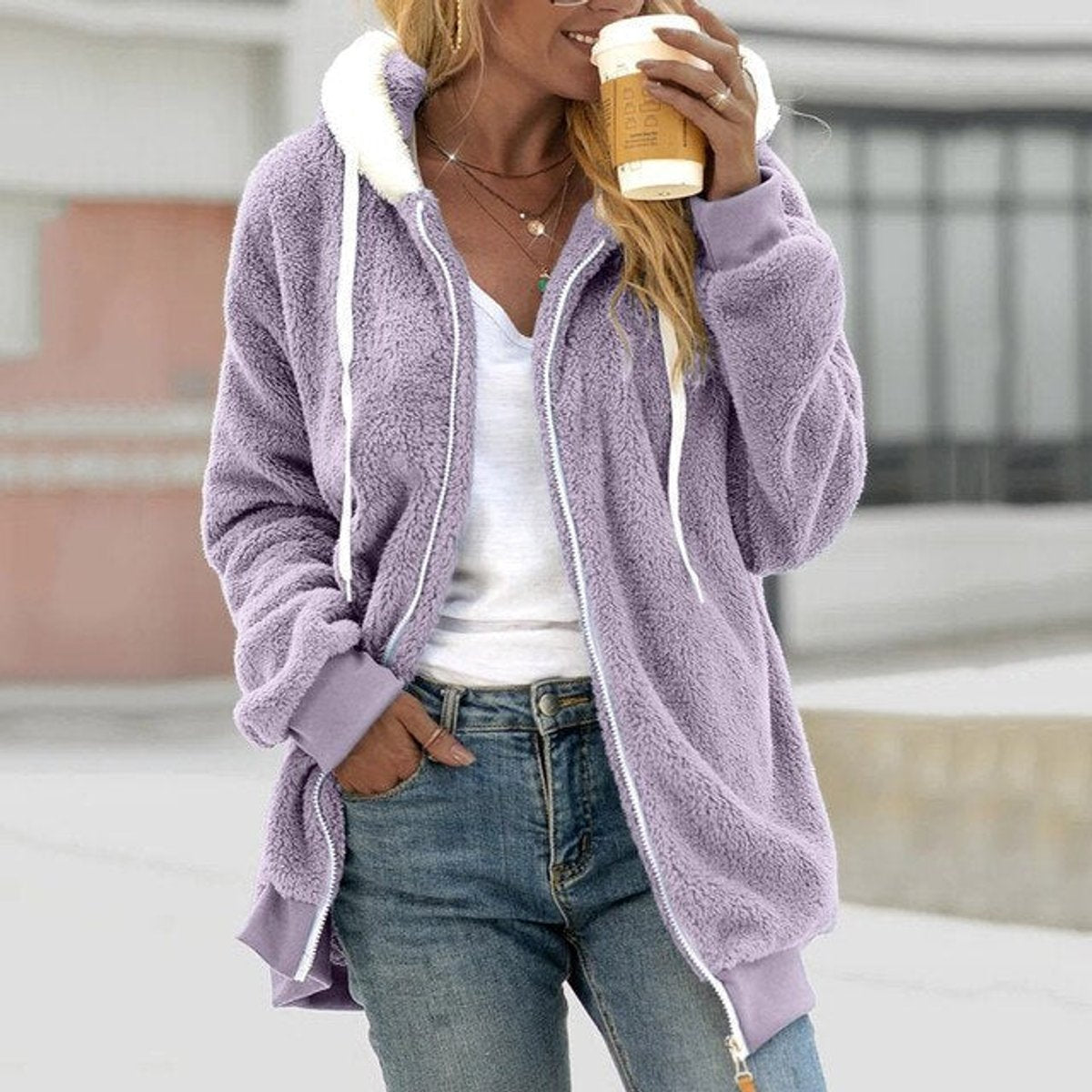Women's Hooded Fleece Zip-Up Coat | Marlene in Blue - Juana Fashion