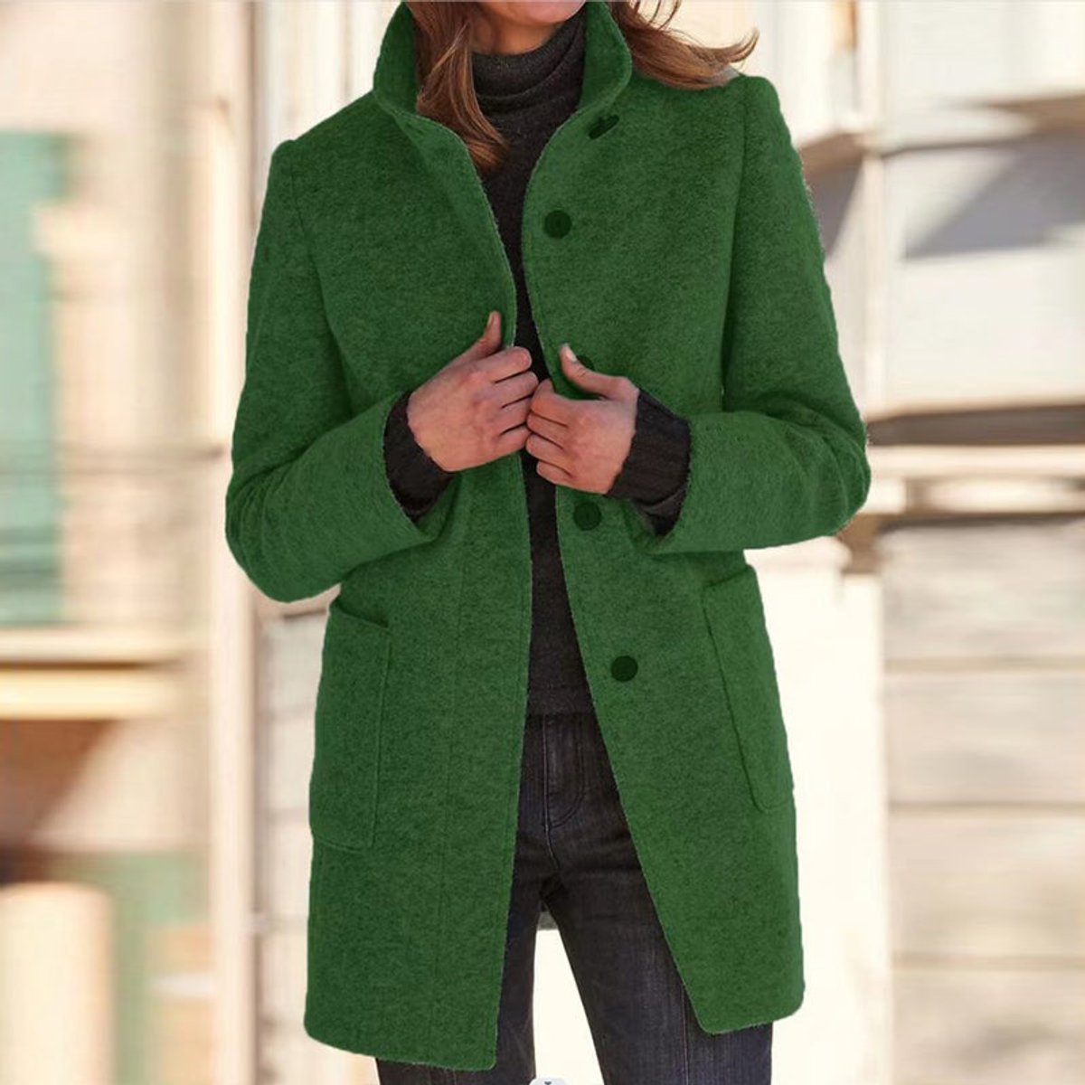 Women's Wool Stand-Collar Coat | Marlene in Green - Juana Fashion