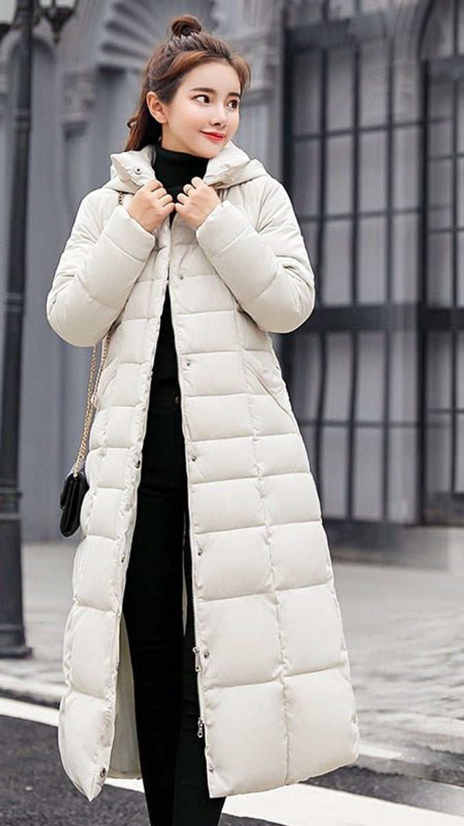 Women's Long Quilted Coat with Fur-Trimmed Hood | Nora in Beige - Juana Fashion