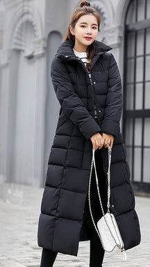 Women's Long Quilted Coat with Fur-Trimmed Hood | Nora in Beige - Juana Fashion