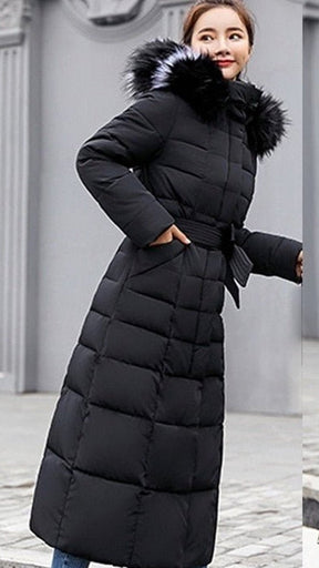 Women's Long Quilted Coat with Fur-Trimmed Hood | Nora in Black - Juana Fashion