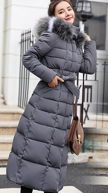 Women's Long Quilted Coat with Fur-Trimmed Hood | Nora in Beige - Juana Fashion