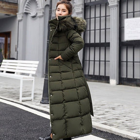 Women's Long Quilted Coat with Fur-Trimmed Hood | Nora in Beige - Juana Fashion