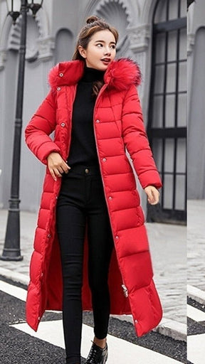 Women's Long Quilted Coat with Fur-Trimmed Hood | Nora in Beige - Juana Fashion