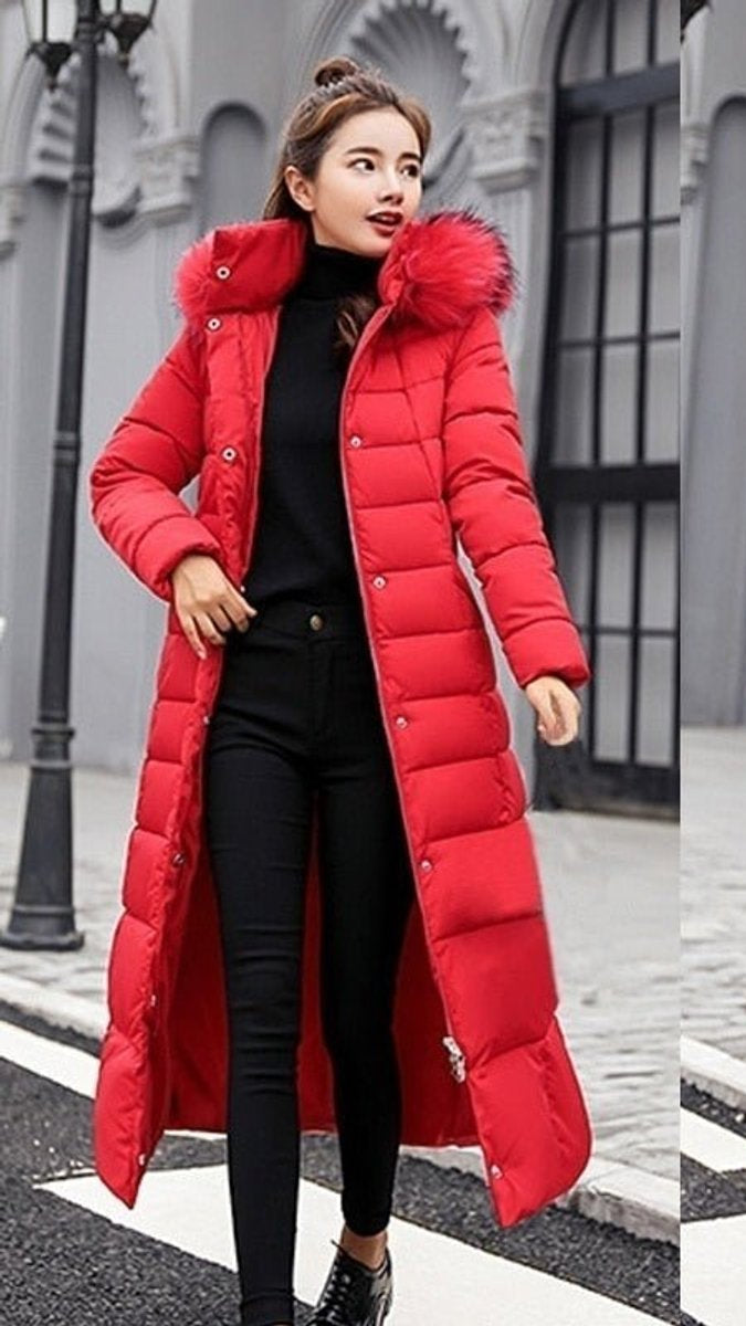 Women's Long Quilted Coat with Fur-Trimmed Hood | Nora in Beige - Juana Fashion