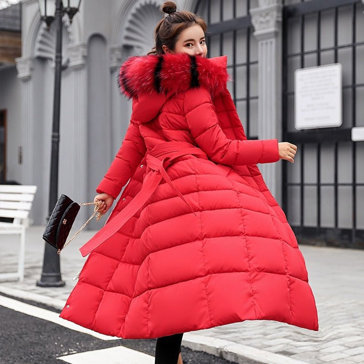 Women's Long Quilted Coat with Fur-Trimmed Hood | Nora in Black - Juana Fashion