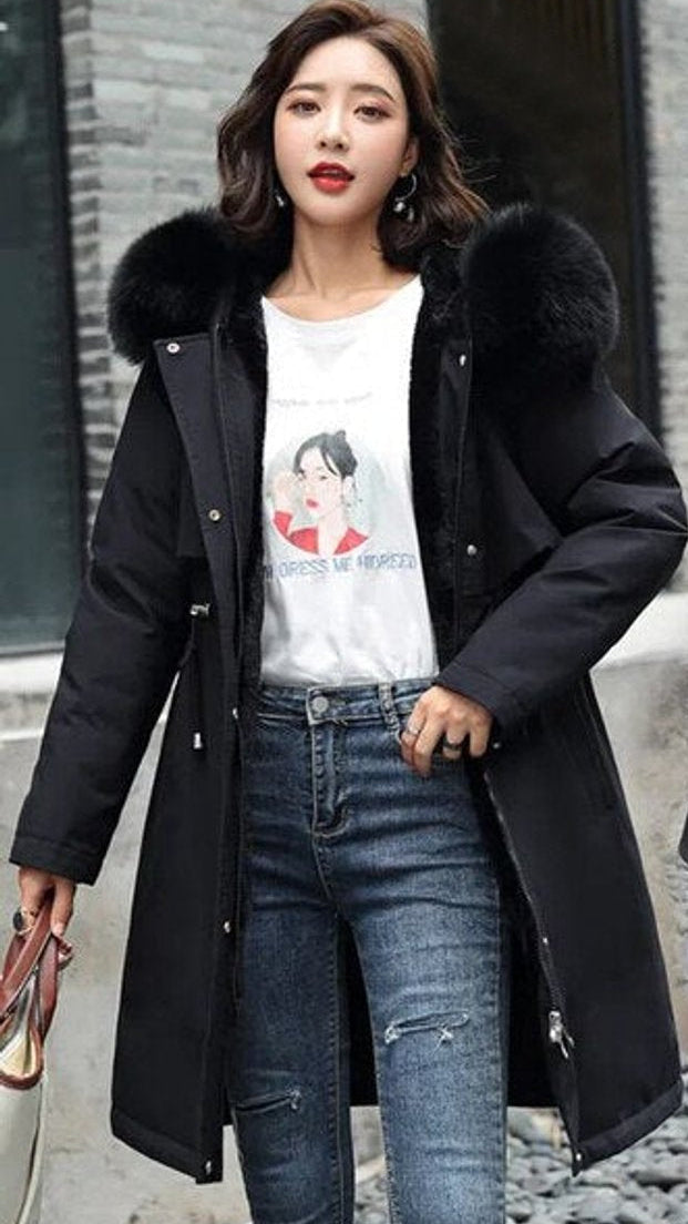 Women's Wool Parka with Faux Fur Trim | Nora in Black - Juana Fashion