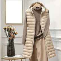 Women's Long Hooded Quilted Vest | Clara in Khaki - Juana Fashion
