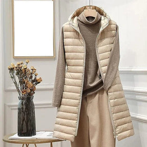Women's Long Hooded Quilted Vest | Clara in Khaki - Juana Fashion