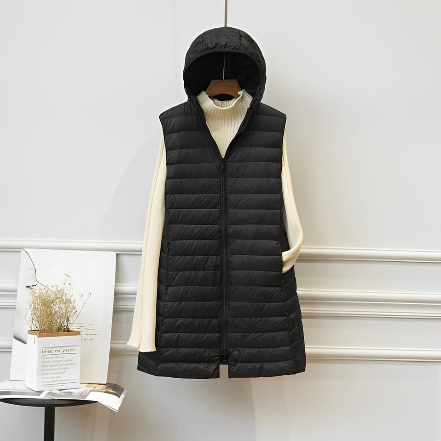 Women's Long Hooded Quilted Vest | Clara in Khaki - Juana Fashion