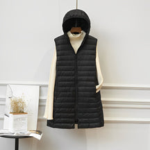 Women's Long Hooded Quilted Vest | Clara in Khaki - Juana Fashion