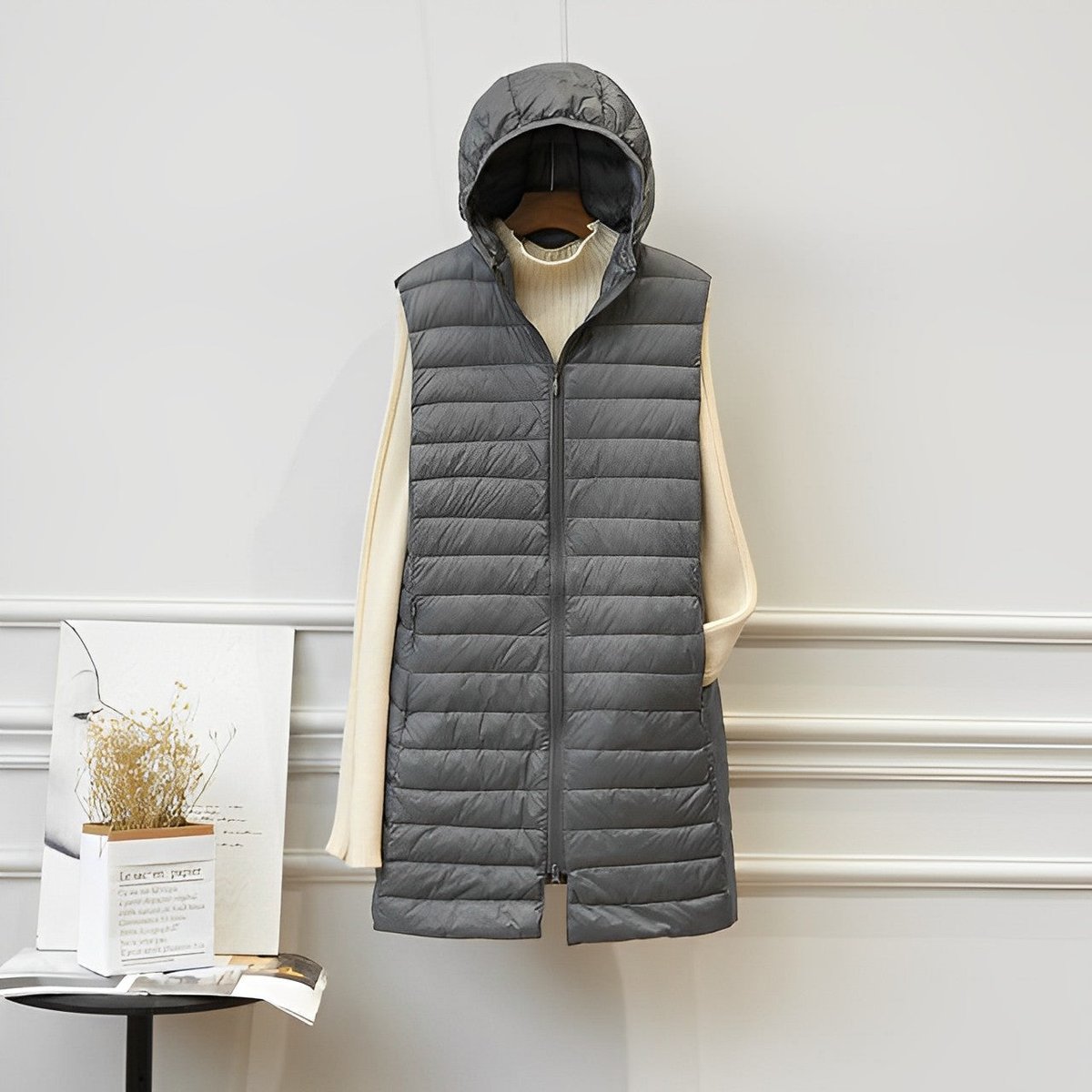 Women's Long Hooded Quilted Vest | Clara in Khaki - Juana Fashion