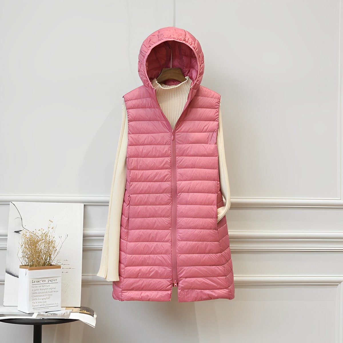 Women's Long Hooded Quilted Vest | Clara in Khaki - Juana Fashion