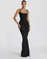 Women's Square-Neck Corset Maxi Evening Dress in Black