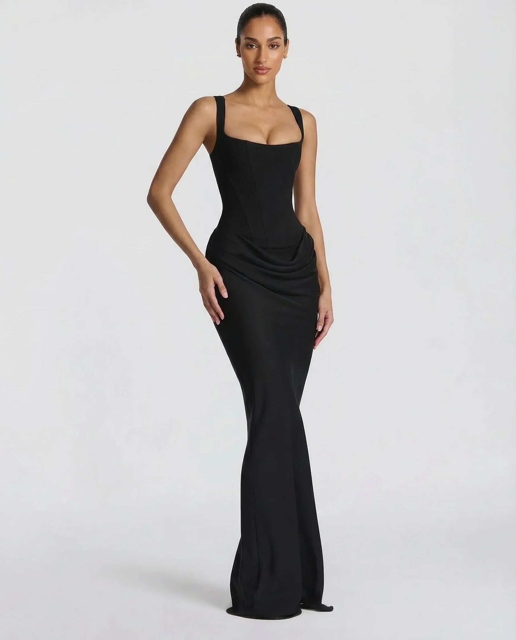 Women's Square-Neck Corset Maxi Evening Dress in Black