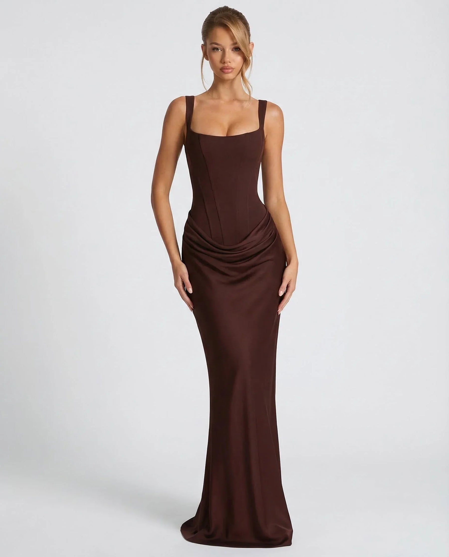 Women's Square-Neck Corset Maxi Evening Dress in Dark Brown