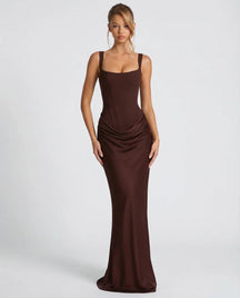 Women's Square-Neck Corset Maxi Evening Dress in Dark Brown