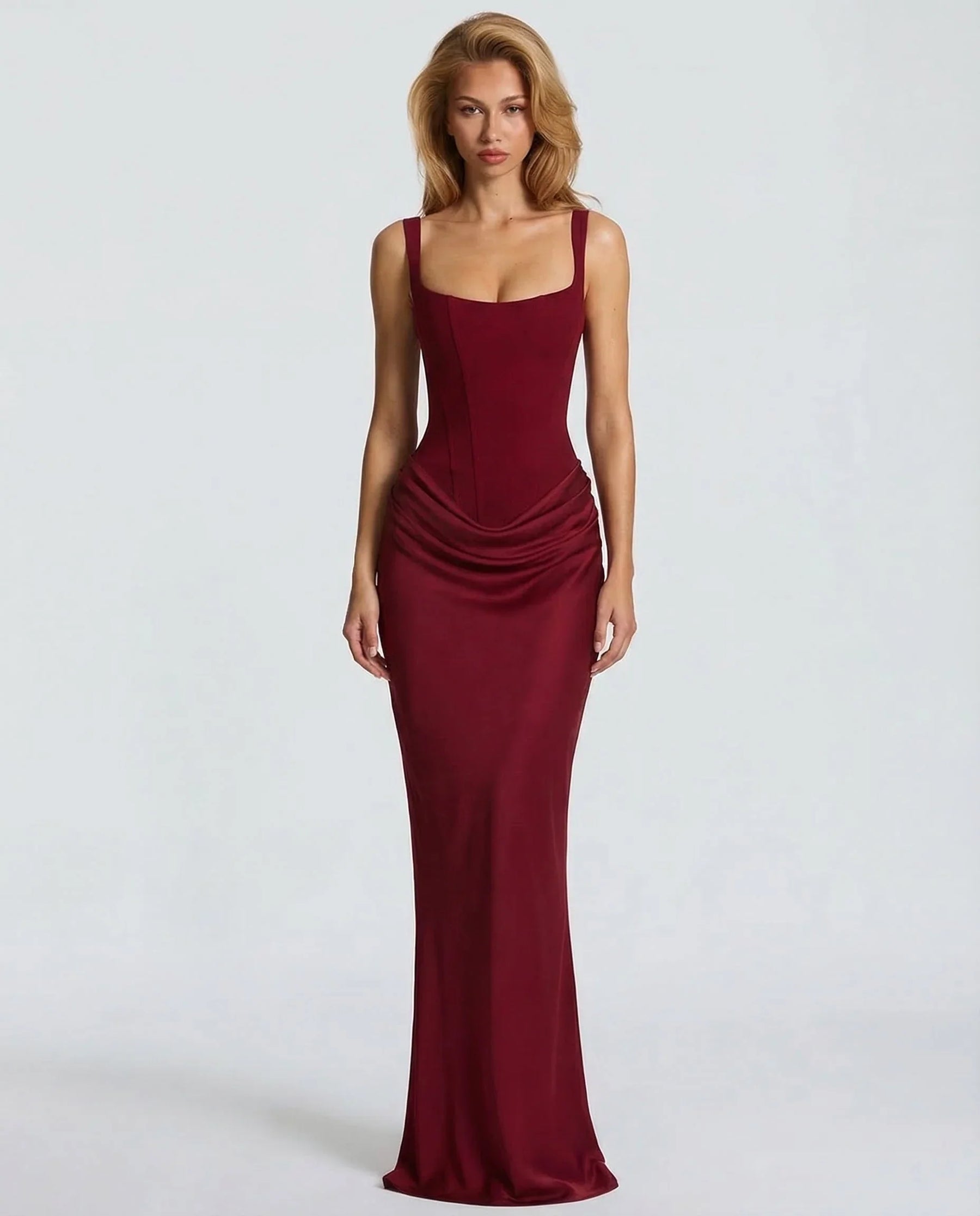 Women's Square-Neck Corset Maxi Evening Dress in Red